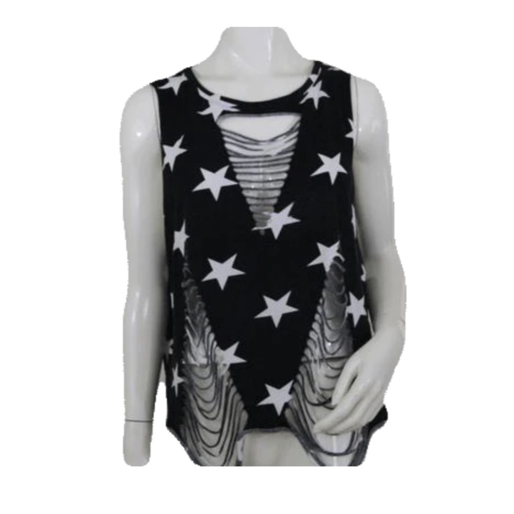 Distressed black and white star tank top